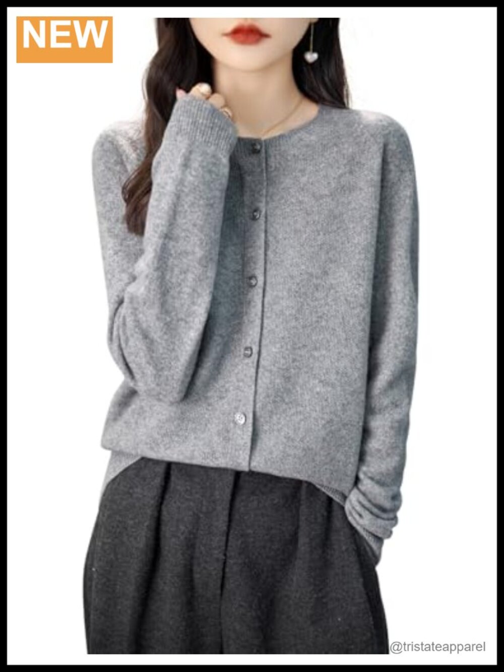 100% Merino Wool Cardigan Sweater Seamless Crewneck Long Sleeve Button Knit